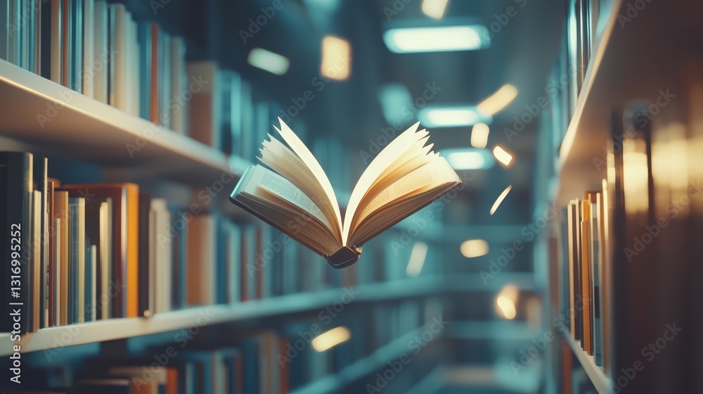 Poster magical open book floating above shelves in enchanted library
