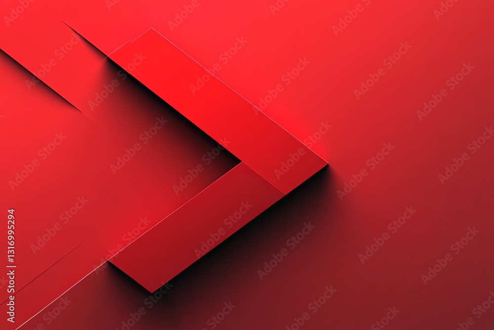 Poster a bold 3d arrow-shaped design with sharp edges and deep shadows on a red background, creating a mode
