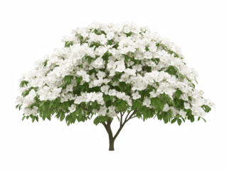 A white tree with green leaves and white flowers. The tree is the main focus of the image