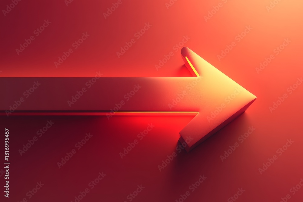 Poster a sleek 3d arrow pointing right with a glowing red-orange light effect on a textured red background,