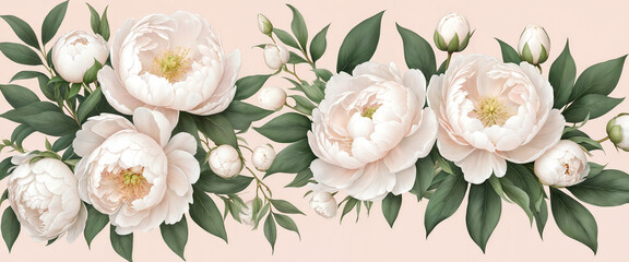 Delicate White Peonies with Greenery on Soft Peach Background