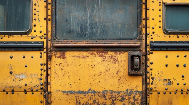 Detailed Close-up of Yellow School Bus's Riveted Back Section