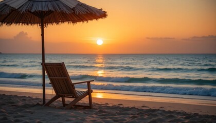 Semi-Close-Up of Wooden Chair and Umbrella on Beach at Sunset
