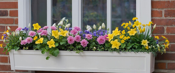 Colorful Spring Window Box with Bright Flowers