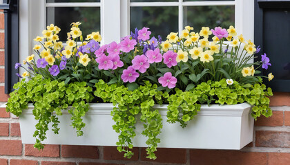 Colorful Window Box Garden with Petunias and Ivy