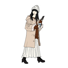 コーヒーを片手にスマホで何かを探している女性（カラー、jpg）