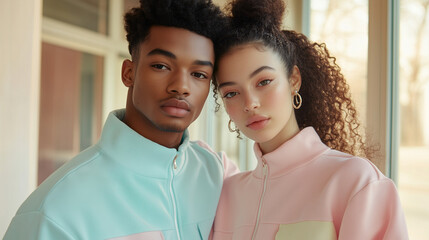 A stylish couple poses together in pastel outfits, showcasing modern fashion and youthful beauty. Their warm smiles create a charming atmosphere in an indoor setting.