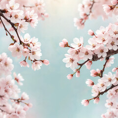 Cherry Blossom Branches in Soft Focus: Pastel Pink Flowers Against a Pastel Blue Background