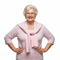 A cheerful, mature woman with a warm smile, wearing a light pink top and glasses.