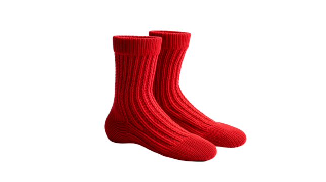 Red Knit Wool Socks Cozy Winter Fashion, Soft Cable Design for Home Comfort, isolated on transparent background.
