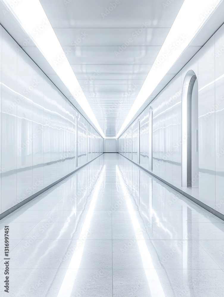 Aufkleber modern white corridor with glossy floor and illuminated ceiling lights creating a futuristic minimal