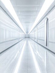 Obraz premium Modern white corridor with glossy floor and illuminated ceiling lights creating a futuristic minimalist aesthetic and clean perspective in a bright architectural space