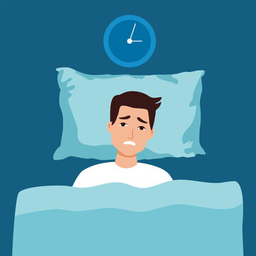 Unhappy tired man lying in bed suffer from insomnia use cellphone device. Upset exhausted guy struggle on sleepless night brose smartphone. Sleeping problem concept. Vector illustration