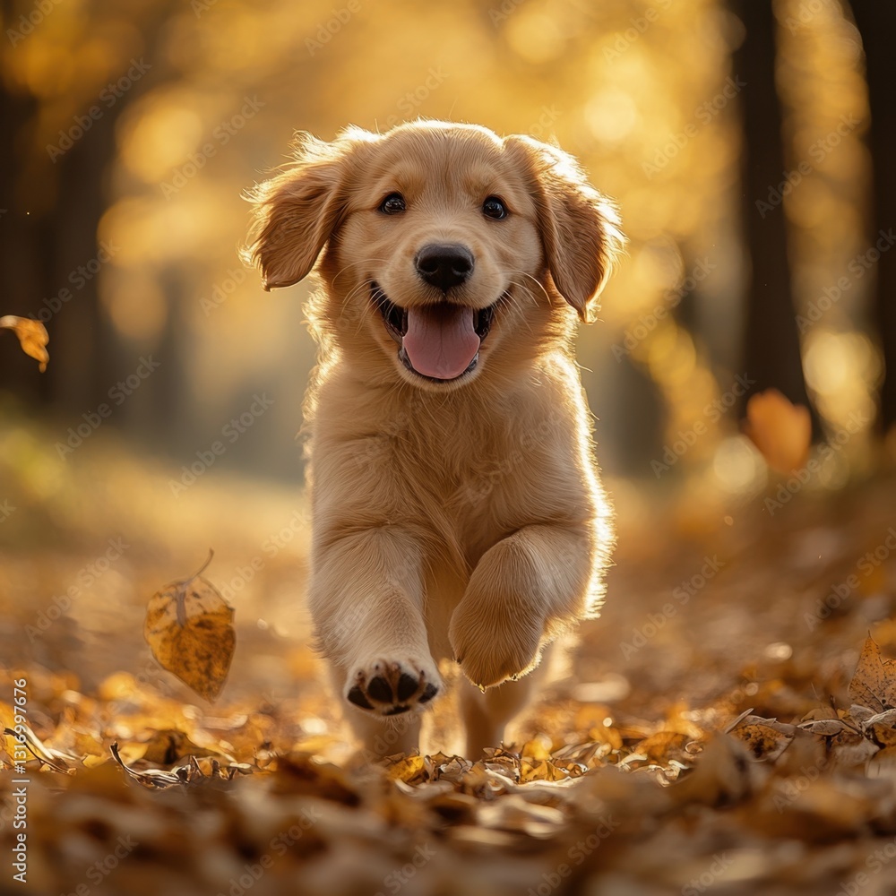 Poster Joyful Golden Retriever Puppy Running Through Autumn Leaves in a Sun Drenched Forest with a Bokeh Background and a Playful Mood