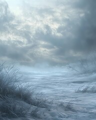 Frosty Landscape with Dramatic Clouds and Frozen Ground in Winter