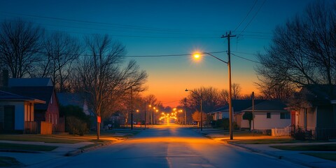 Obraz premium Sunset street, houses, trees, dusk