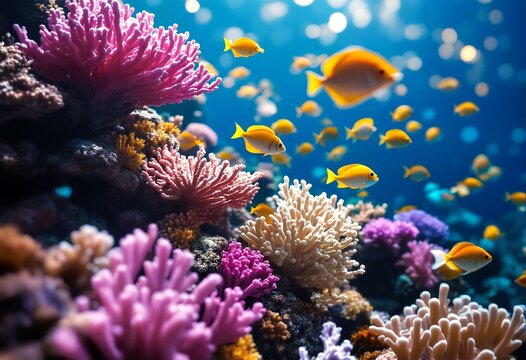 A vibrant coral reef teeming with diverse marine life.