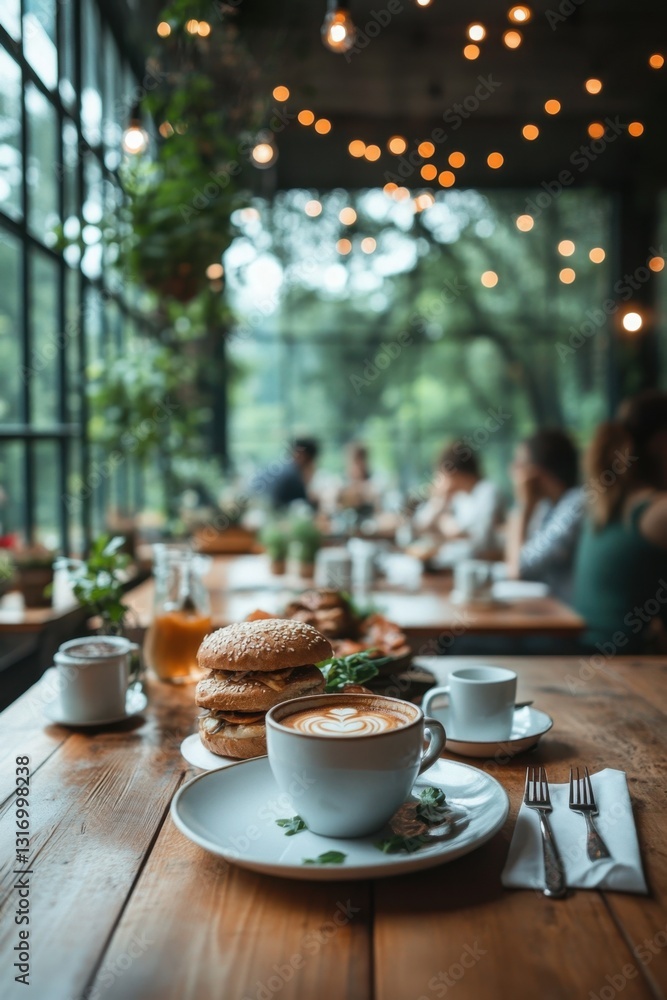Poster cozy cafe scene with latte art burger and warm lighting creating inviting atmosphere for dining expe