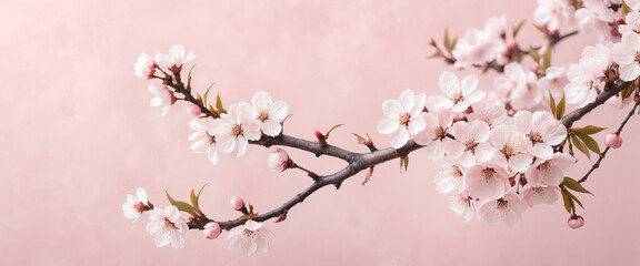 Obraz premium Cherry Blossom Branch in Full Bloom on Soft Pink Background