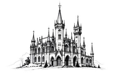 Fototapeta premium Castle Ruins Sketch, Ancient Architecture Drawing