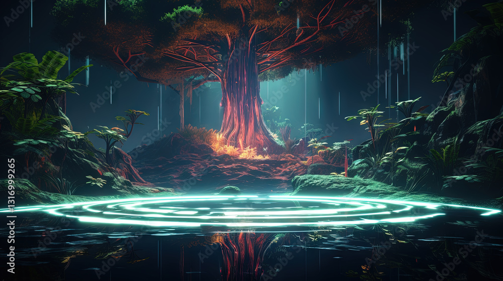 Poster neon-lit tree in a mystical jungle with glowing light and vibrant reflections
