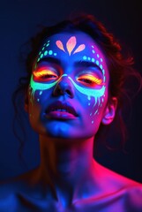 Beautiful model posing with fluorescent neon face paint under uv light