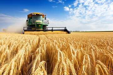 Obraz premium A powerful combine works tirelessly in the fields, illuminating the wheat with bright headlights. The contrast between the golden grains and the dark sky creates a stunning visual drama