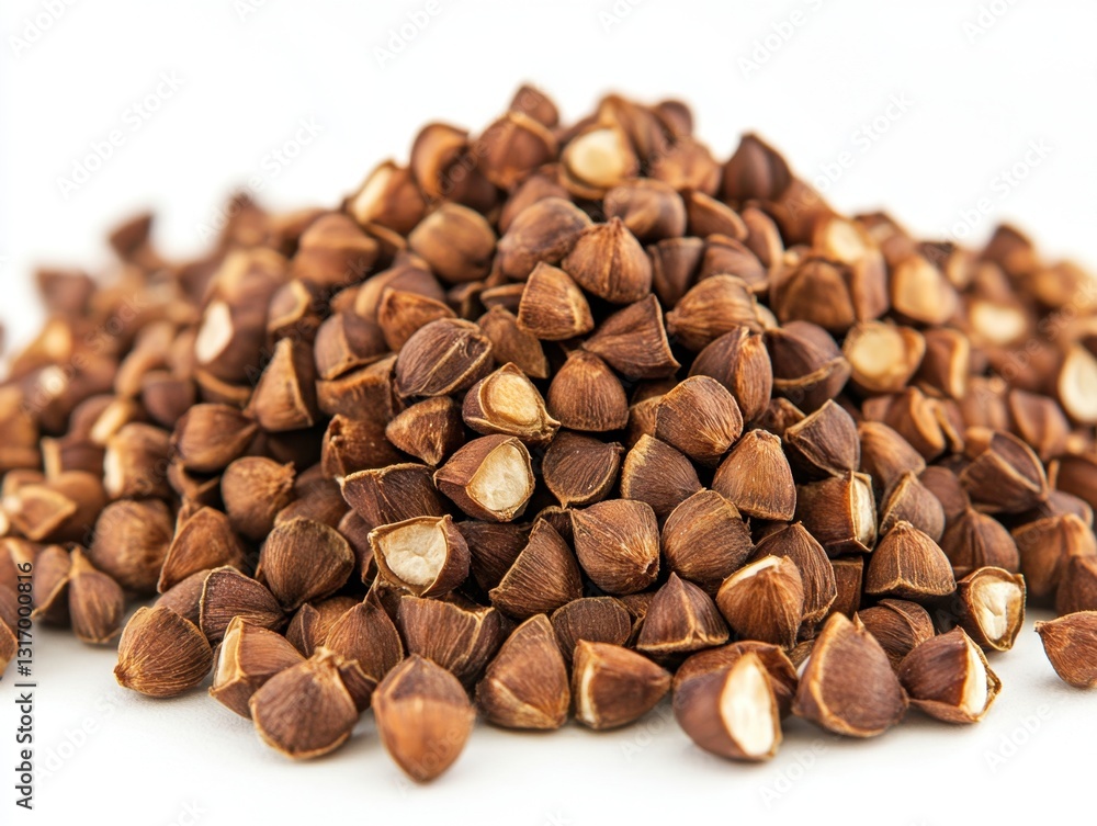 Poster abundance of roasted buckwheat grains displayed on a white surface in a close up shot with warm ligh