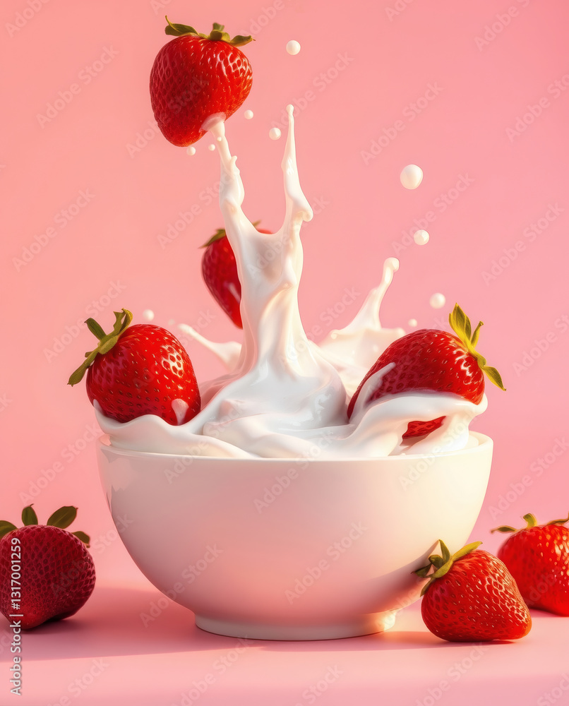 Poster a delightful image featuring strawberries being splashed with milk in a bowl, set against a vibrant 