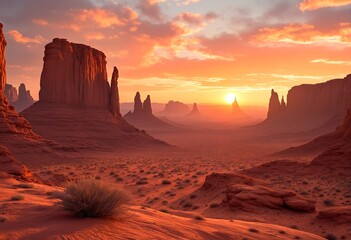 The sun sets over a vast desert landscape, casting a warm orange glow on the rugged rock formations and sandy terrain.