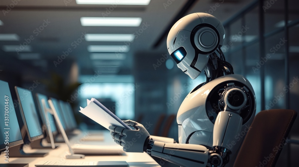 Poster a robot is working in an office with a computer screen, reading paperwork, and its eyes are illumina
