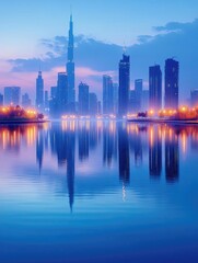 Fototapeta premium City skyline at dusk with reflections on water, showcasing modern architecture and vibrant lights