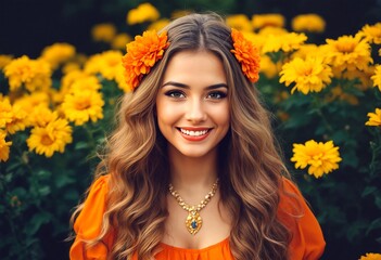 Naklejka premium A young woman with long wavy hair and an orange top is standing in front of yellow flowers.