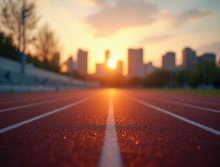 Obraz premium Running track at sunset with city skyline in background