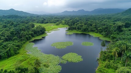 Obraz premium Aerial View of Serene Lake Surrounded by Lush Green Forest and Distant Mountains Under Cloudy Sky in Tropical Landscape
