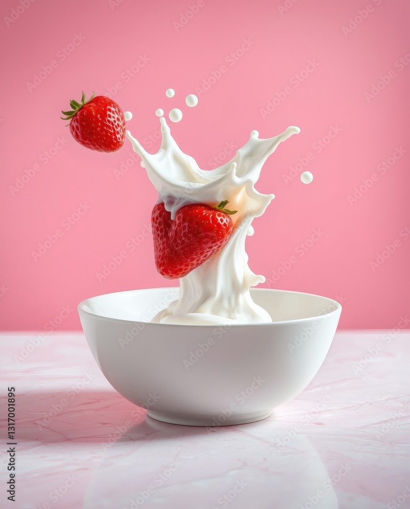 Poster two strawberries splash into a bowl of milk, creating a dynamic and visually striking image with a p