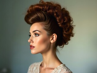 Fashion model showing beehive hairstyle and elegant makeup