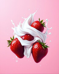 fresh red strawberries are cascading with a splash of cream, and the background is pink. It's a perfect image for food lovers.