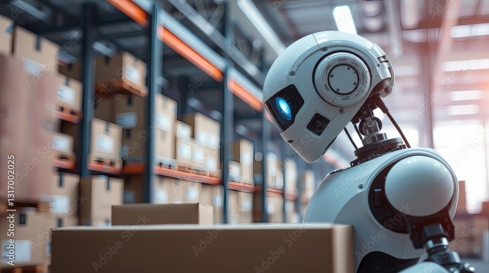 Poster a futuristic robot efficiently managing boxes in a modern warehouse, showcasing automation in action.