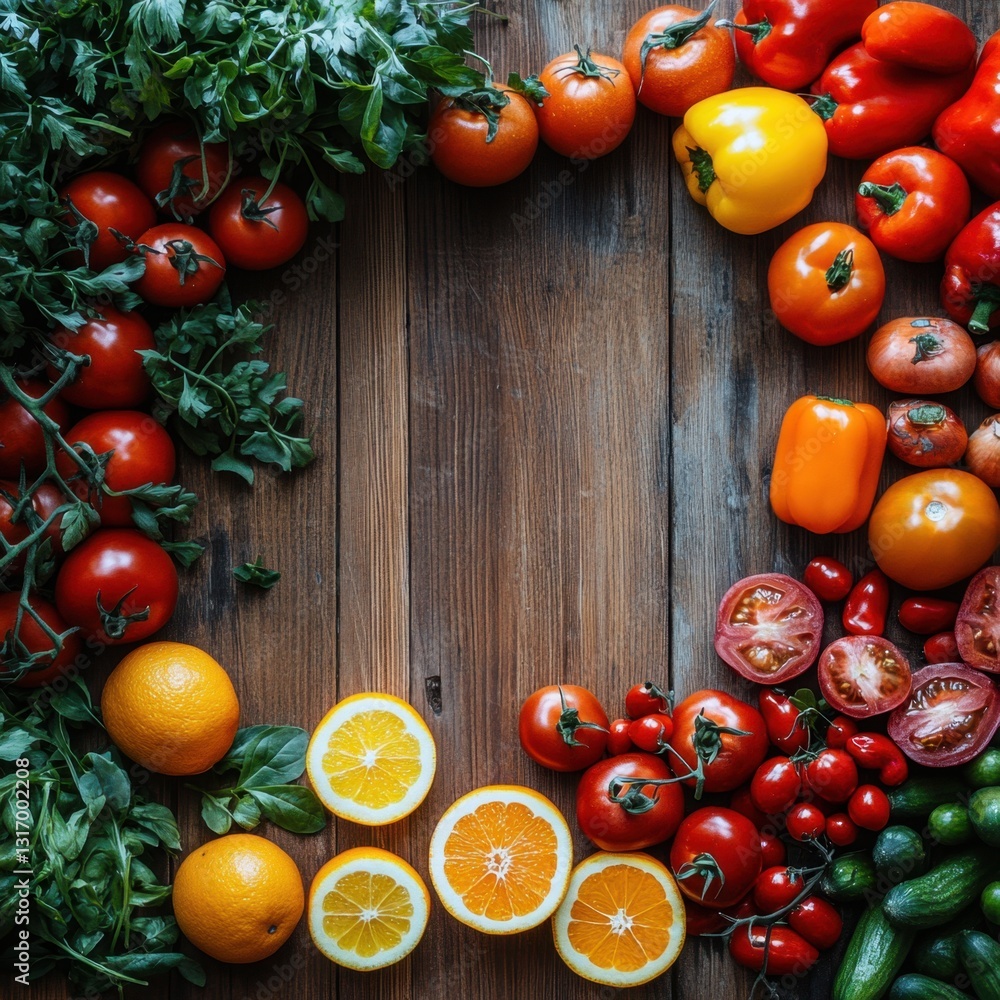 Aufkleber rustic wooden tabletop displaying a vibrant array of fresh vegetables and citrus fruits in a square 