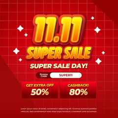 11.11 Super Sale discount deals vibrant deep red gradient Editable text effect cute grid style background Promotional banner flyer Template