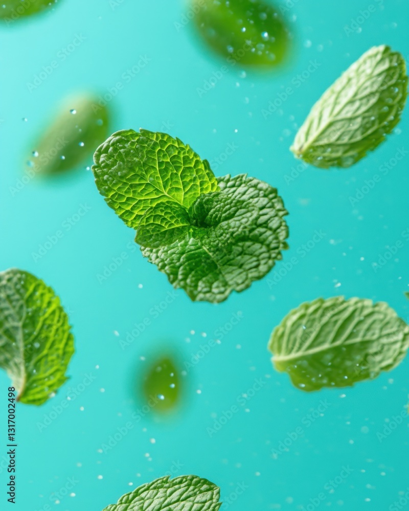 Poster fresh mint leaves floating in air against a vibrant turquoise background creating a refreshing and i