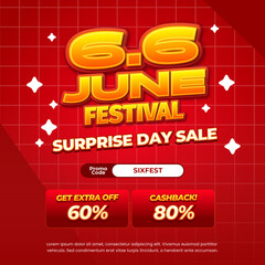 6.6 June Shopping day Sale discount deals vibrant deep red gradient Editable text effect cute grid style background Promotional banner flyer Template