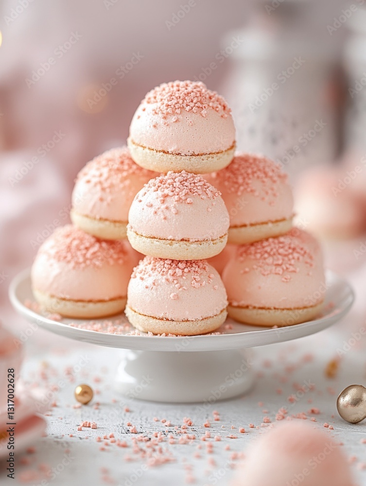 Poster delicate pink macarons stacked on a white cake stand creating an elegant dessert display with soft f
