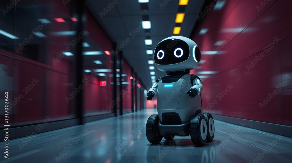 Poster a futuristic robot explores a modern corridor, navigating a vibrant pathway with advanced technology