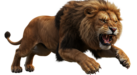 Roaring Lion Charging Forward with Fierce Expression Isolated Animal
