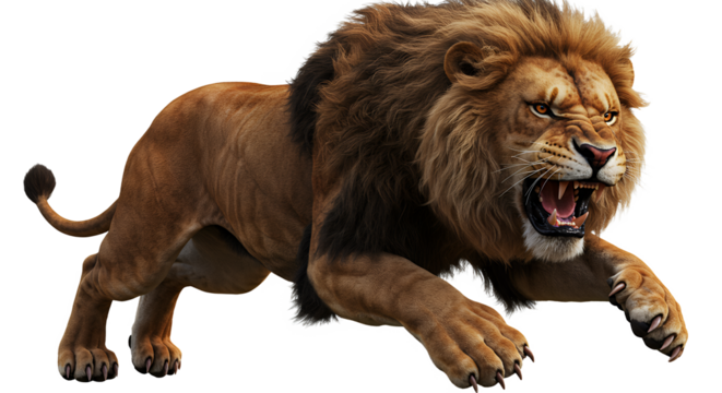 Roaring Lion Charging Forward with Fierce Expression Isolated Animal