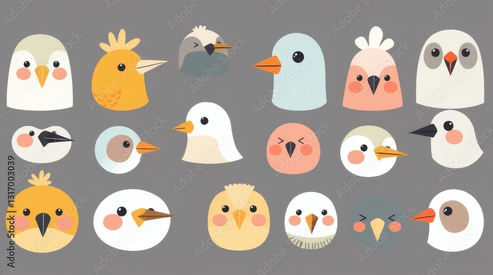 Poster an illustration featuring a collection of cute and colorful cartoon bird heads, with various express