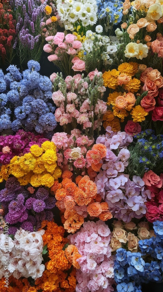Poster vibrant floral display showcasing a diverse array of colorful blossoms in a botanical garden arrange