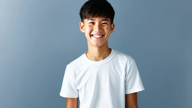 Smiling blond child boy in white t shirt mockup posing confidently during studio photoshoot against neutral gray background video 4k